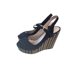 Tory Burch Ollie Suede Leather Black Tan Polka Dot Wedge Platform Sandals Sz 8